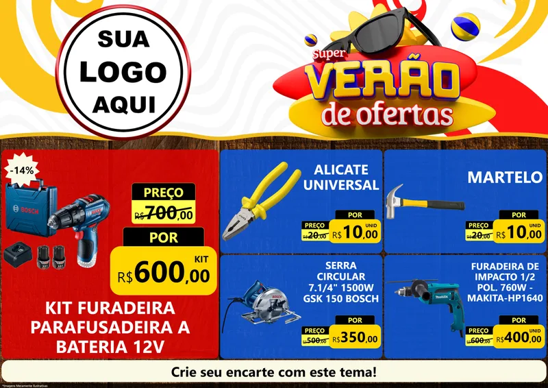Modelo de Encarte para Encarte A4 Horizontal com o tema Super Verão de Ofertas para Maquinas e Ferramentas