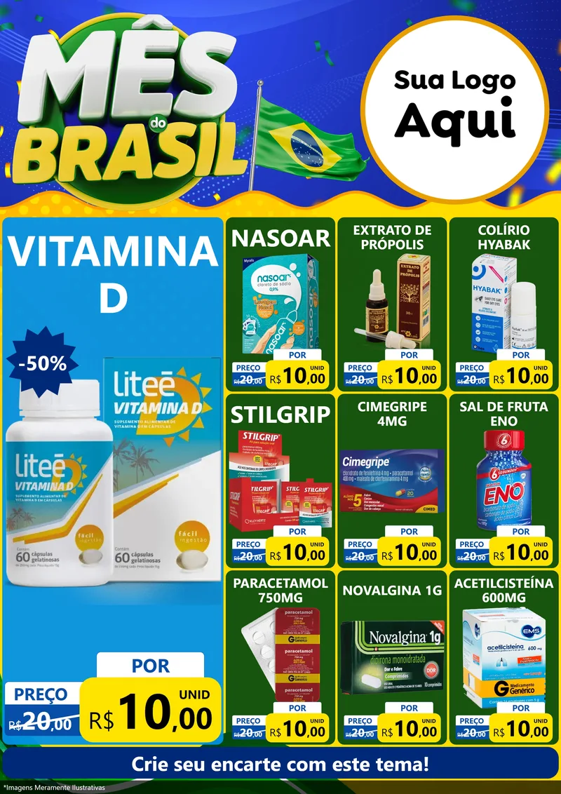 Modelo de Encarte para Encarte A4 Vertical com o tema Mês do Brasil para Farmácia