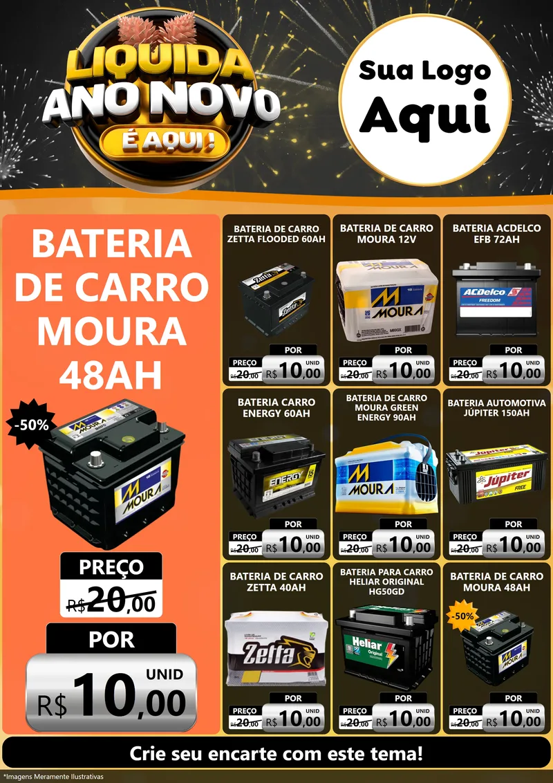 Modelo de Encarte para Encarte A4 Vertical com o tema Liquida Ano Novo É Aqui! para Baterias Elétricas