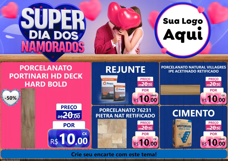 Modelo de Encarte para Encarte A4 Horizontal com o tema Super Dia dos Namorados para Pisos e revestimentos