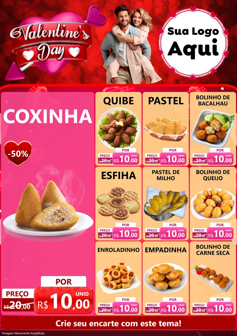 Modelo de Encarte para Encarte A4 Vertical com o tema Valentine's Day para Salgadaria