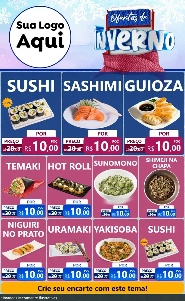 Modelo de Encarte para Encarte Grande com o tema Ofertas de Inverno para Comida japonesa