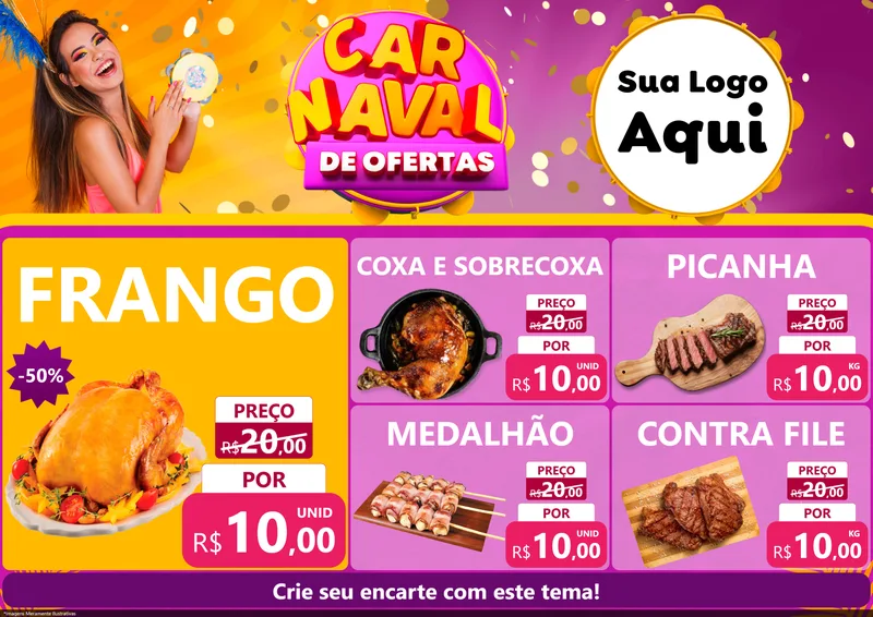 Modelo de Encarte para Encarte A4 Horizontal com o tema Carnaval de Ofertas para Assados