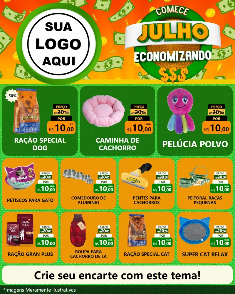 Modelo de Rede Social para Feed Instagram com o tema Comece Julho Economizando para Pet Shop
