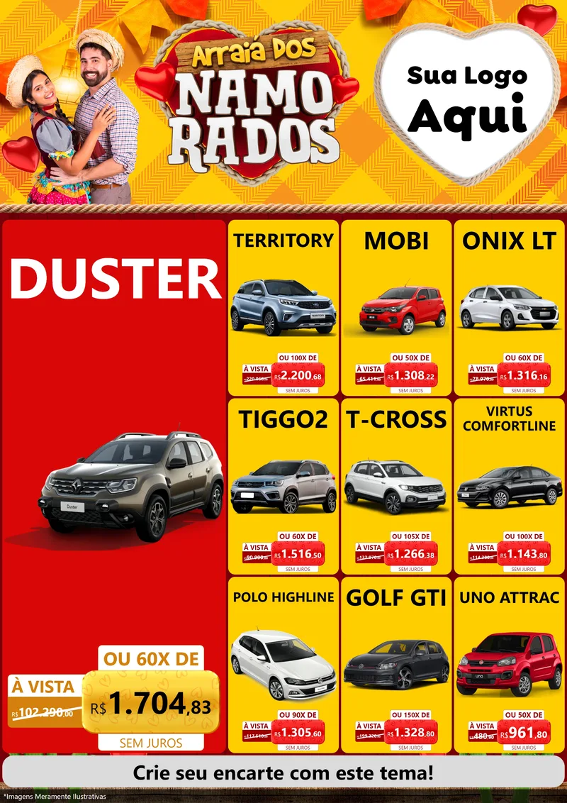 Modelo de Encarte para Encarte A4 Vertical com o tema Arraiá dos Namorados para Concessionaria de Carros