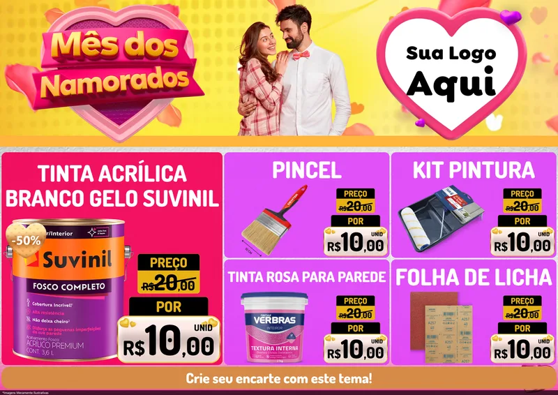 Modelo de Encarte para Encarte A4 Horizontal com o tema Mês dos Namorados para Tintas e Ferramentas