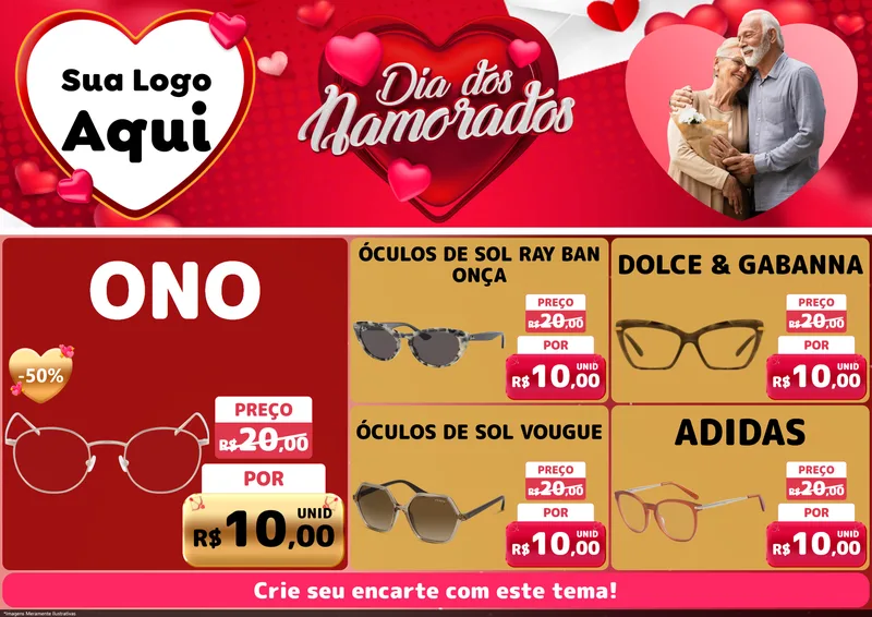 Modelo de Encarte para Encarte A4 Horizontal com o tema Dia Dos Namorados para Óticas