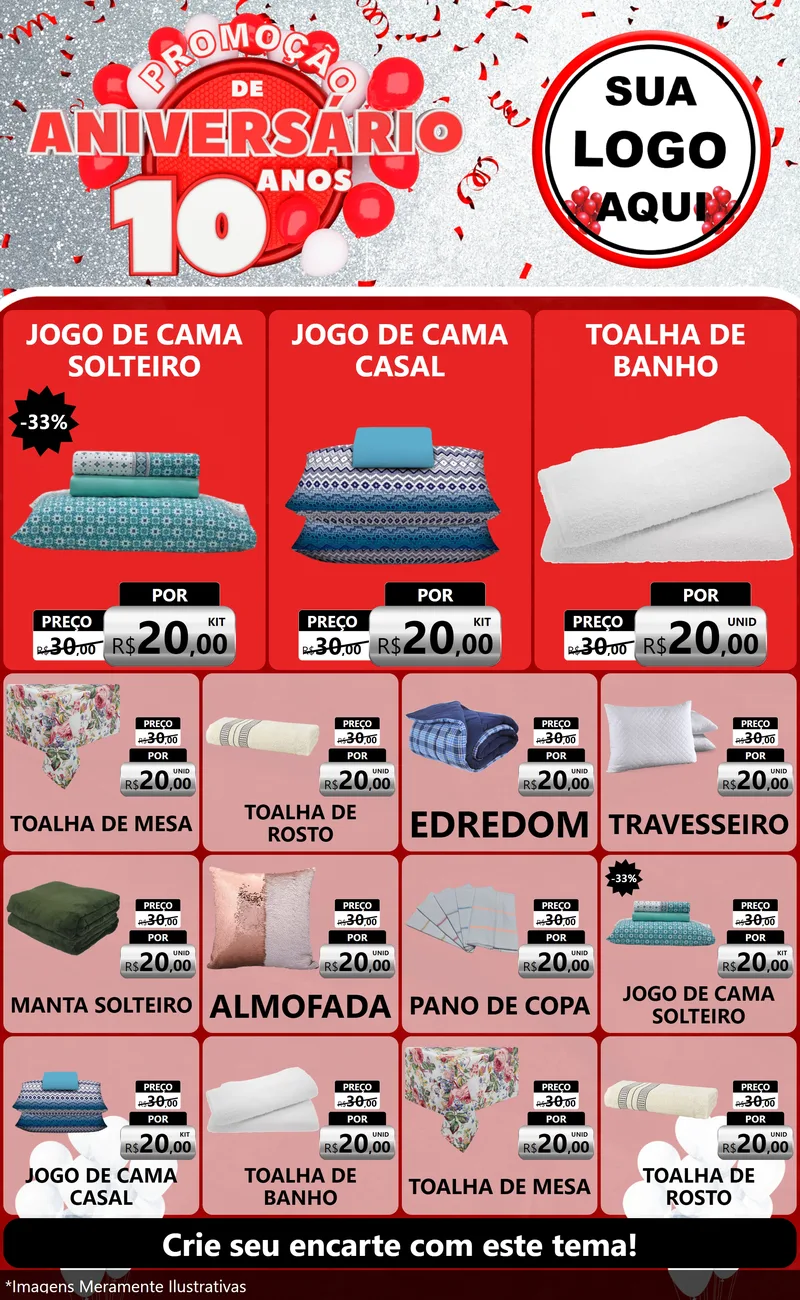 Modelo de Encarte para Encarte Grande com o tema Promoção de Aniversário - 10 Anos para Cama, Mesa e Banho