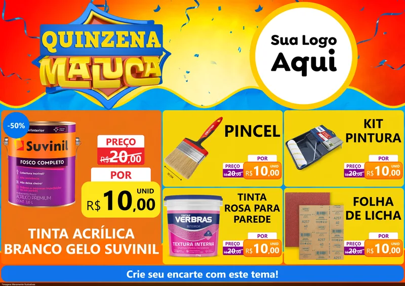 Modelo de Encarte para Encarte A4 Horizontal com o tema Quinzena Maluca para Tintas e Ferramentas