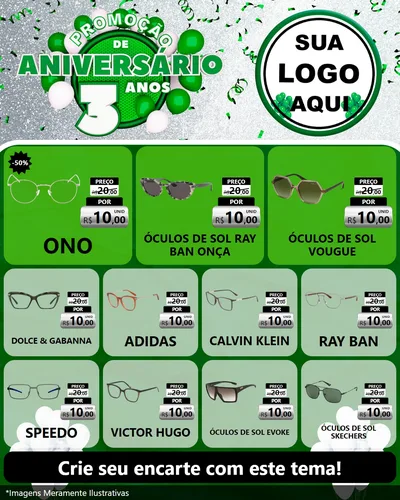 Modelo de Rede Social para Feed Instagram com o tema Promoção de Aniversário - 3 Anos para Óticas