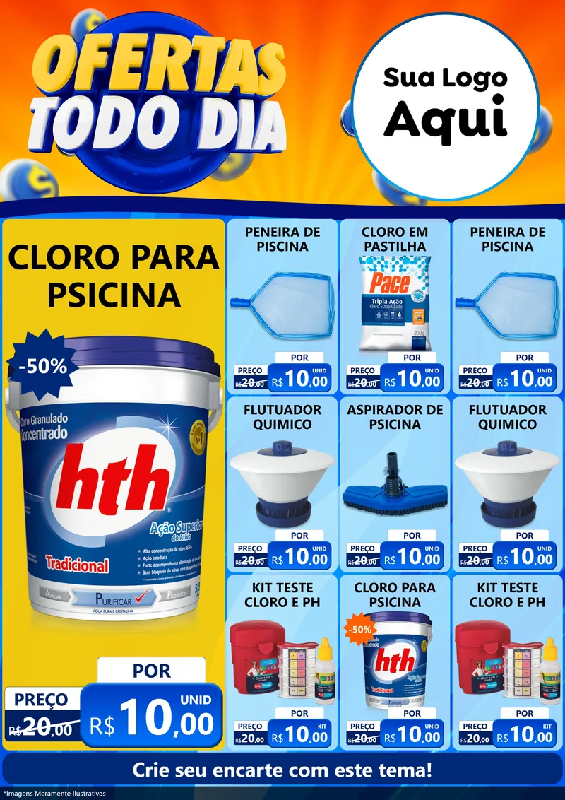 Modelo de Encarte para Encarte A4 Vertical com o tema Ofertas Todo Dia para Produtos para Piscina