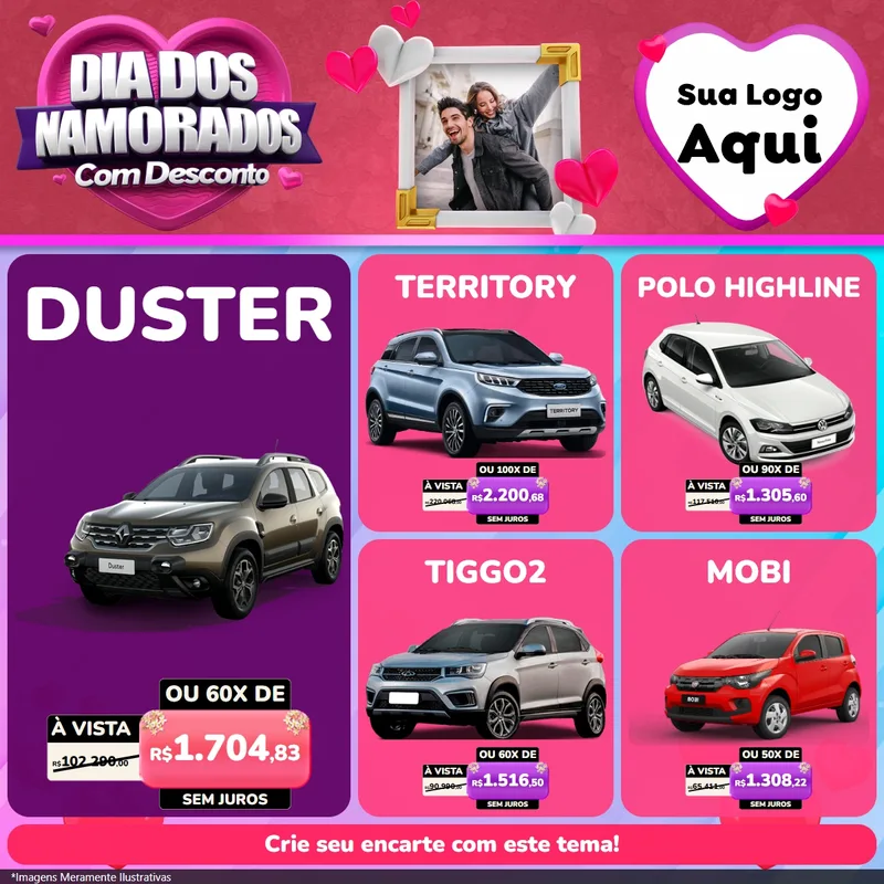 Modelo de Rede Social para Feed Facebook com o tema Dia Dos Namorados Com Desconto para Concessionaria de Carros