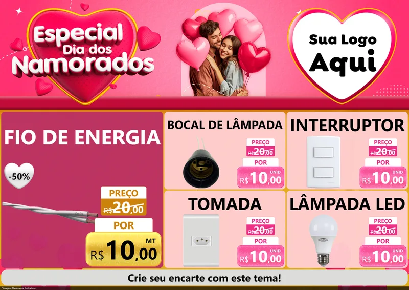 Modelo de Encarte para Encarte A4 Horizontal com o tema Especial Dia dos Namorados para Materiais Elétricos