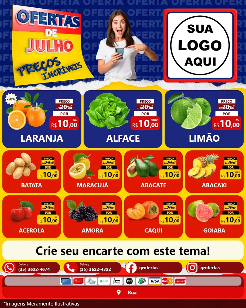 Modelo de Rede Social para Feed Instagram com o tema Ofertas de Julho - Preços Incríveis para Hortifrúti