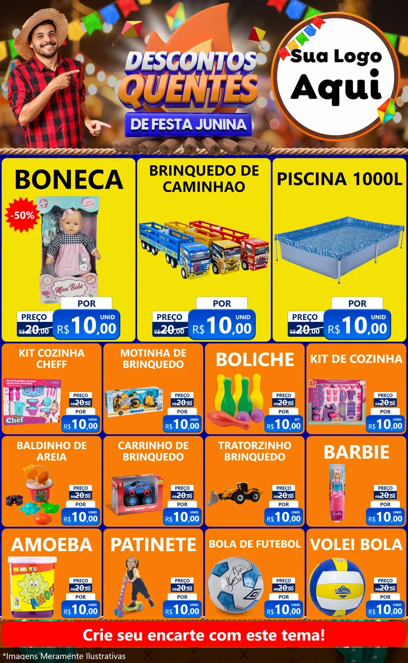 Modelo de Encarte para Encarte Grande com o tema Descontos Quentes de Festa Junina para Brinquedos