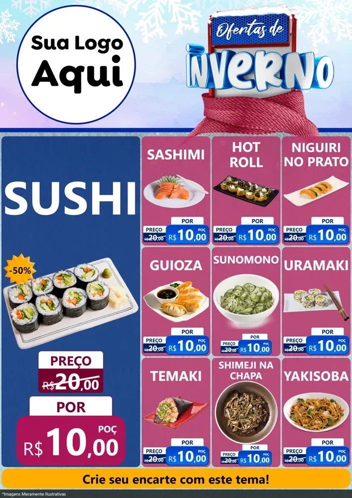 Modelo de Encarte para Encarte A4 Vertical com o tema Ofertas de Inverno para Comida japonesa