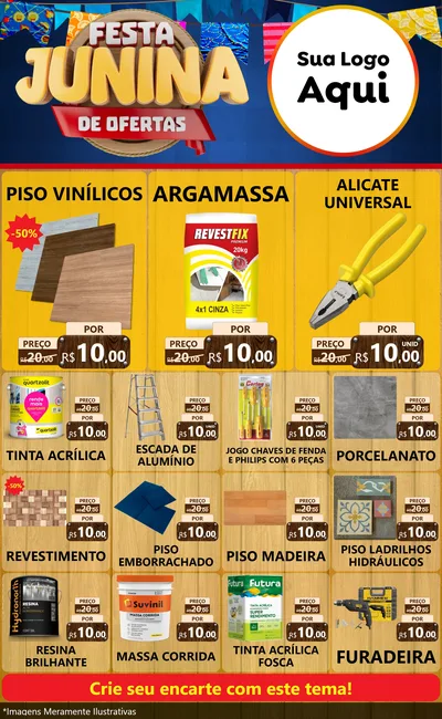 Modelo de Encarte para Encarte Grande com o tema Festa Junina de Ofertas para Material para Construção