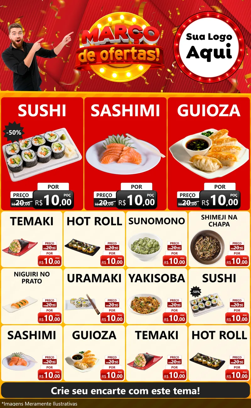 Modelo de Encarte para Encarte Grande com o tema Março de Ofertas! para Comida japonesa
