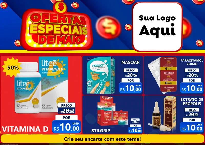 Modelo de Encarte para Encarte A4 Horizontal com o tema Ofertas Especiais de Maio para Farmácia