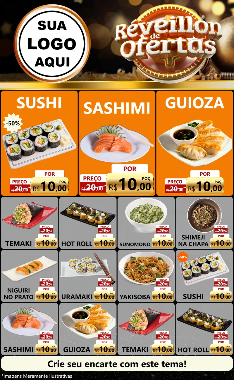 Modelo de Encarte para Encarte Grande com o tema Réveillon de Ofertas para Comida japonesa