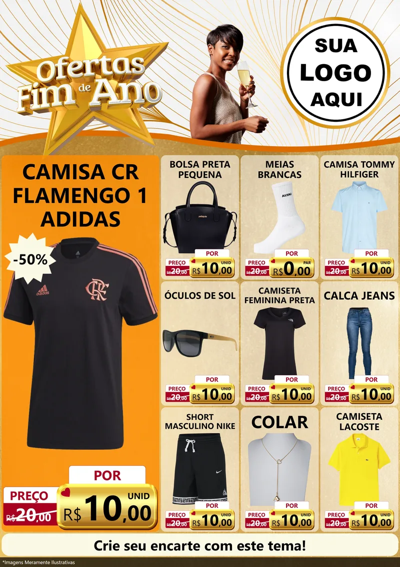 Modelo de Encarte para Encarte A4 Vertical com o tema Ofertas Fim de Ano para Roupas e acessórios