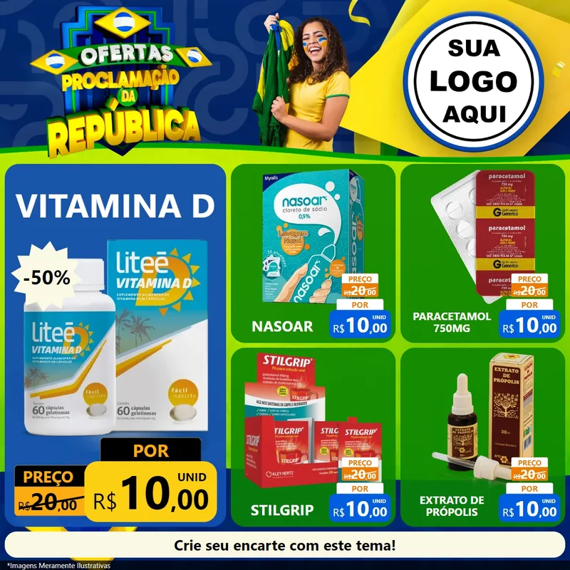 Modelo de Rede Social para Feed Facebook com o tema Ofertas Proclamação da República para Farmácia