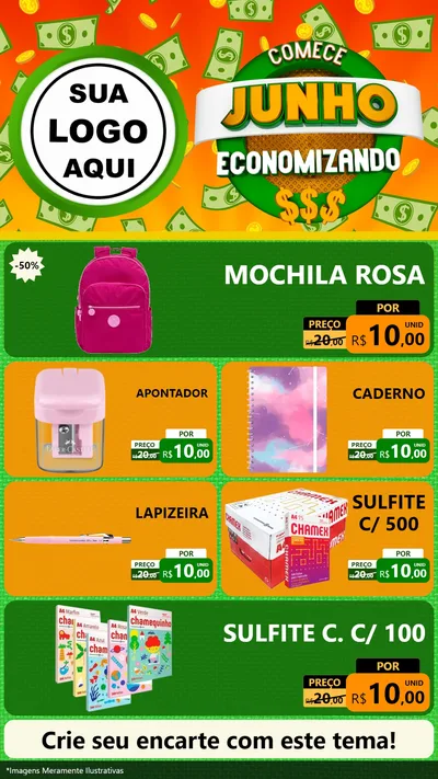 Modelo de TV para TV Vertical com o tema Comece Junho Economizando para Papelaria