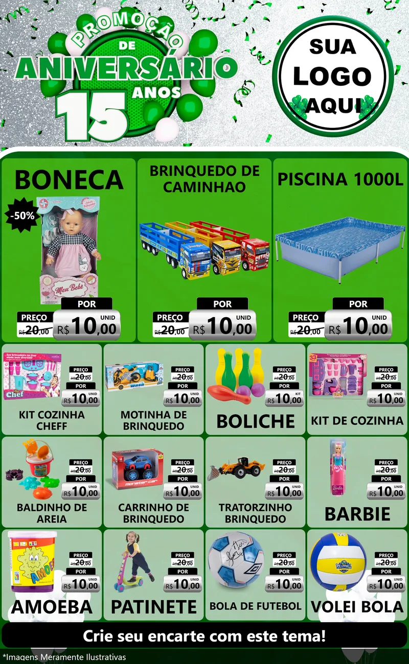 Modelo de Encarte para Encarte Grande com o tema Promoção de Aniversário - 15 Anos para Brinquedos