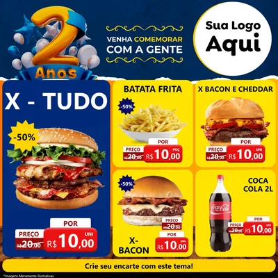 Modelo de Rede Social para Feed Facebook com o tema Aniversário de 2 anos para Hamburgueria