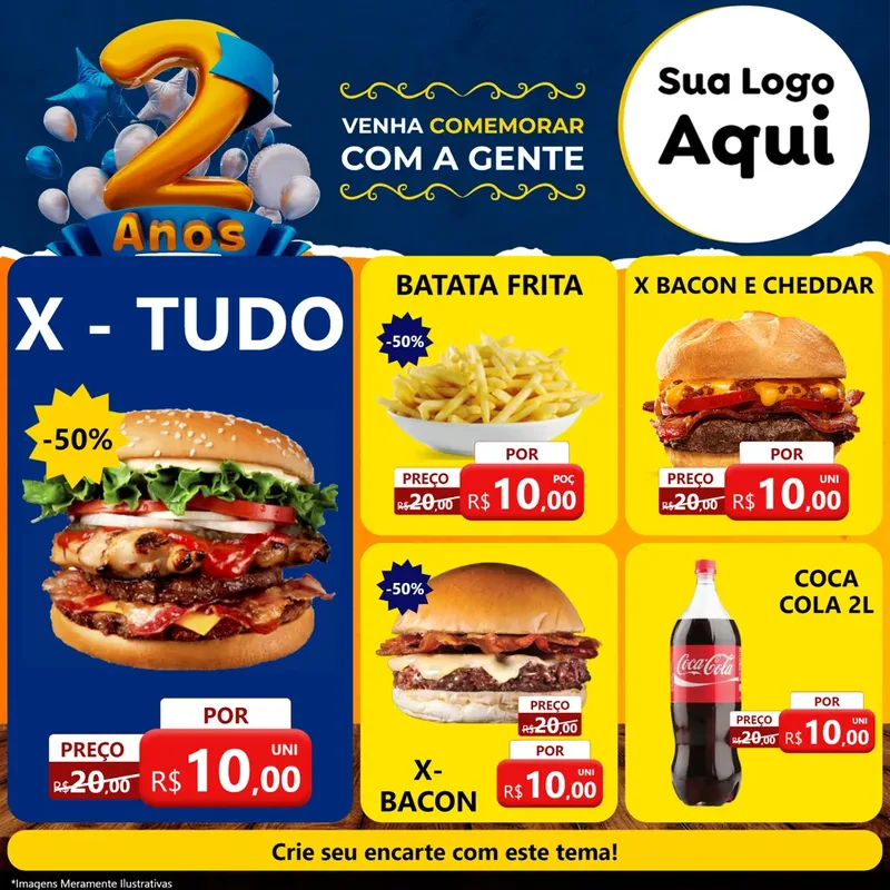 Modelo de Rede Social para Feed Facebook com o tema Aniversário de 2 anos para Hamburgueria