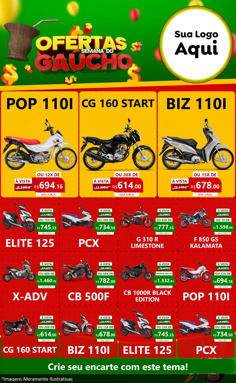 Modelo de Encarte para Encarte Grande com o tema Ofertas Semana Do Gaúcho para Concessionaria de Motos