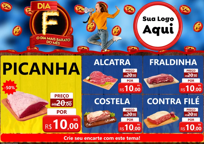 Modelo de Encarte para Encarte A4 Horizontal com o tema Dia F - O Dia Mais Barato Do Mês para Açougue