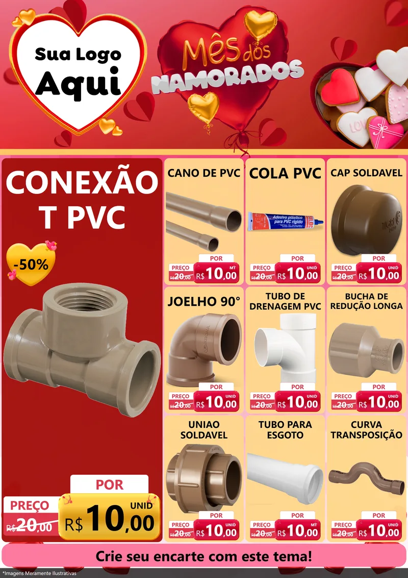 Modelo de Encarte para Encarte A4 Vertical com o tema Mês dos Namorados para Tubos e conexões