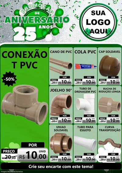 Modelo de Encarte para Encarte A4 Vertical com o tema Promoção de Aniversário - 25 Anos para Tubos e conexões
