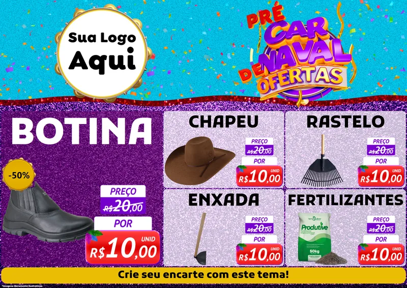 Modelo de Encarte para Encarte A4 Horizontal com o tema Pré Carnaval de Ofertas para Agropecuária