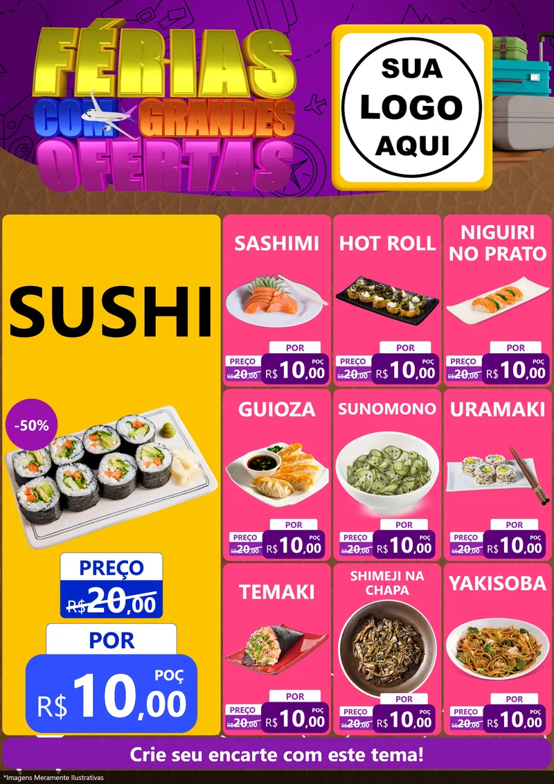 Modelo de Encarte para Encarte A4 Vertical com o tema Férias com Grandes Ofertas para Comida japonesa
