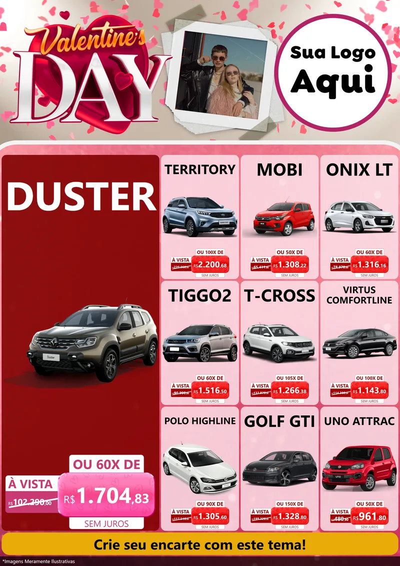Modelo de Encarte para Encarte A4 Vertical com o tema Valentine's Day para Concessionaria de Carros