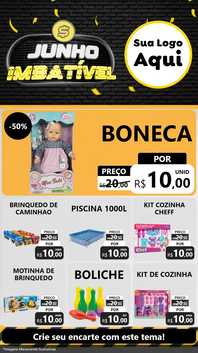 Modelo de Rede Social para Stories com o tema Junho Imbatível para Brinquedos