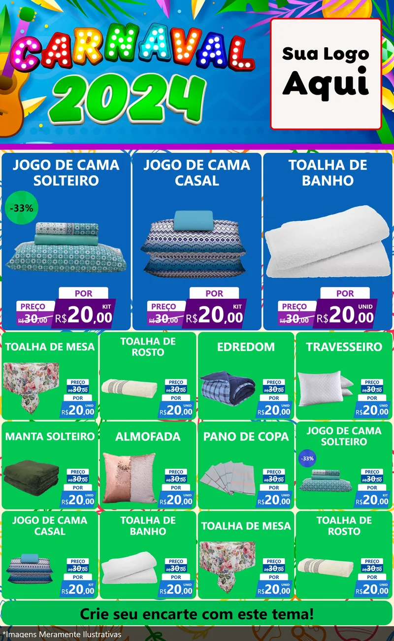 Modelo de Encarte para Encarte Grande com o tema Carnaval 2027 para Cama, Mesa e Banho