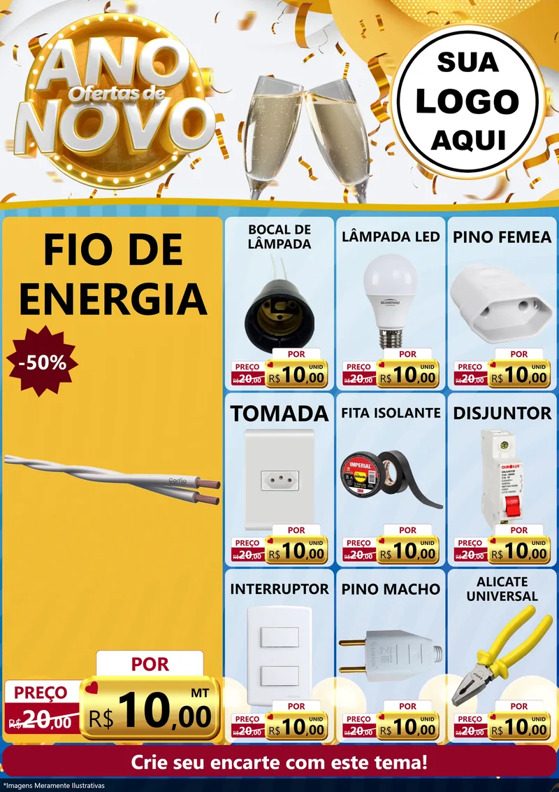 Modelo de Encarte para Encarte A4 Vertical com o tema Ofertas de Ano Novo para Materiais Elétricos