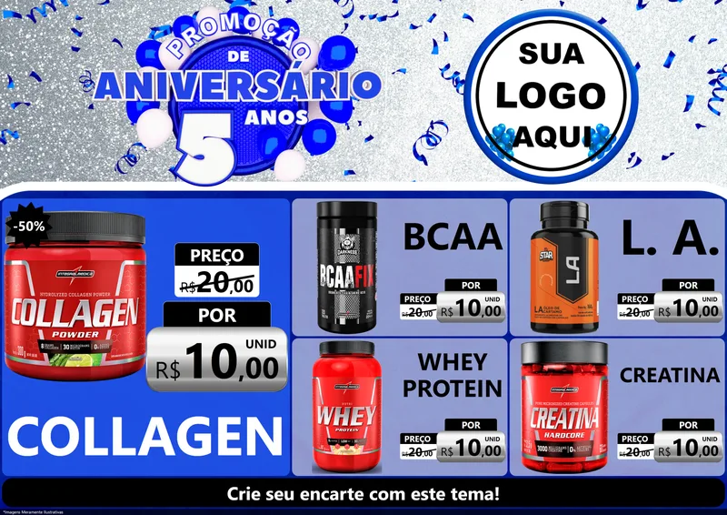 Modelo de Encarte para Encarte A4 Horizontal com o tema Promoção de Aniversário - 5 Anos para Suplementos alimentares