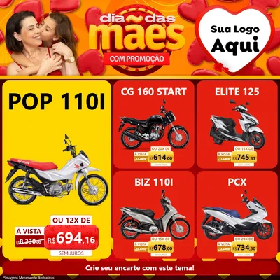 Modelo de Rede Social para Feed Facebook com o tema Dia das Mães com Promoção para Concessionaria de Motos