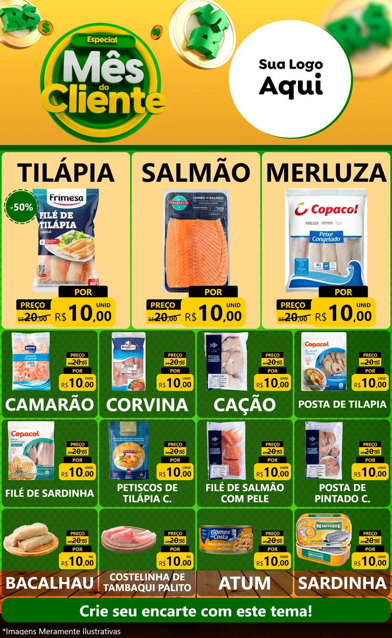Modelo de Encarte para Encarte Grande com o tema Especial Mês do Cliente para Peixaria