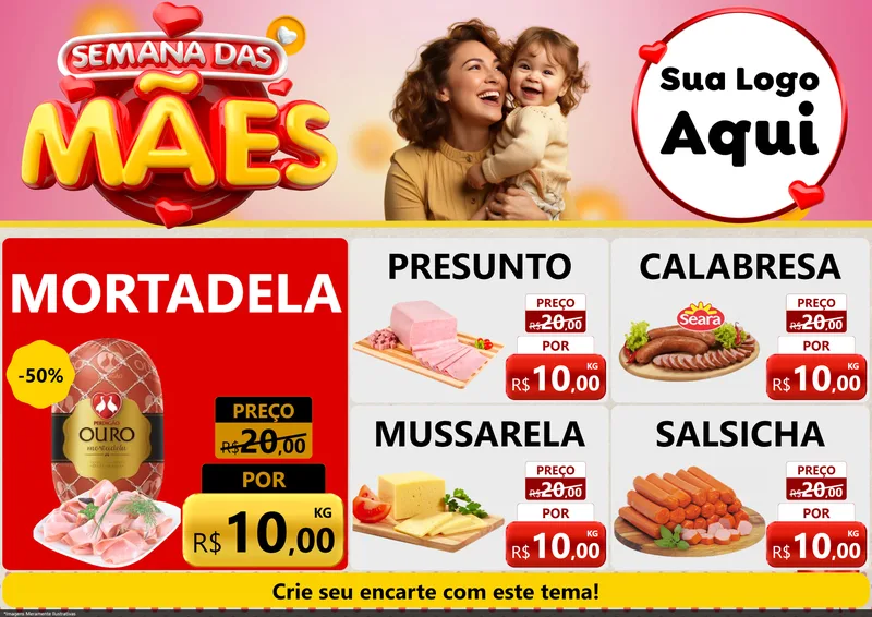 Modelo de Encarte para Encarte A4 Horizontal com o tema Semana das Mães para Frios e Laticínios