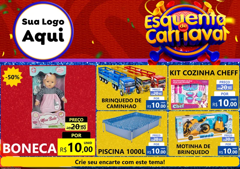 Modelo de Encarte para Encarte A4 Horizontal com o tema Esquenta de Carnaval para Brinquedos