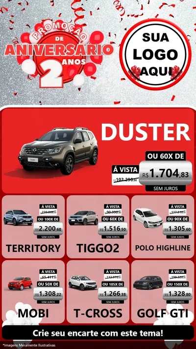 Modelo de Rede Social para Stories com o tema Promoção de Aniversário - 2 Anos para Concessionaria de Carros