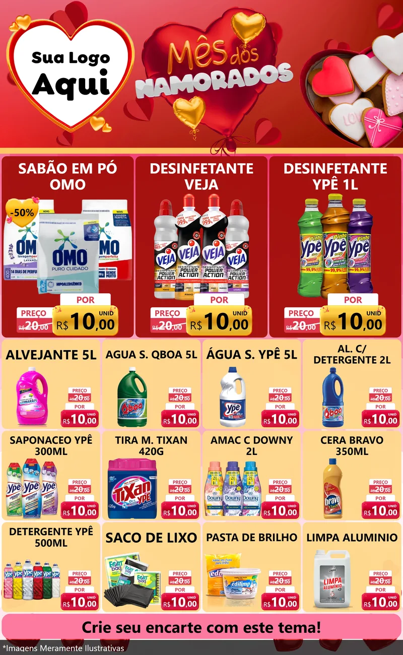 Modelo de Encarte para Encarte Grande com o tema Mês dos Namorados para Produtos de Limpeza