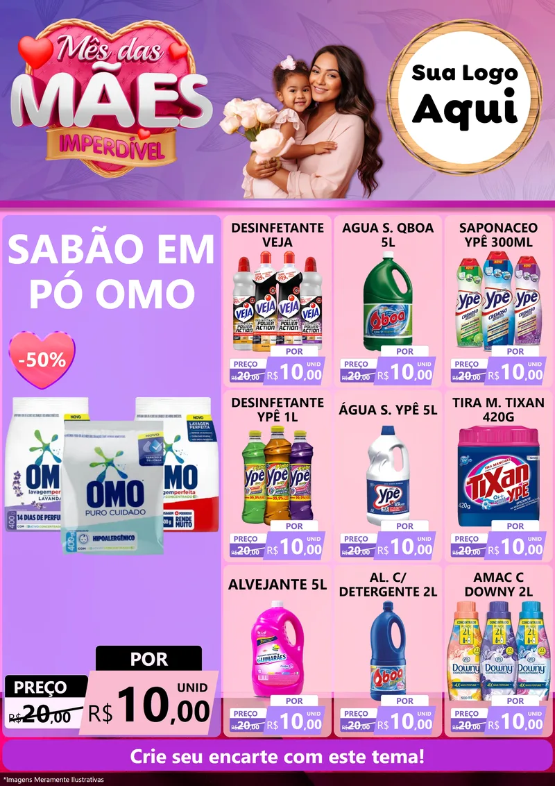 Modelo de Encarte para Encarte A4 Vertical com o tema Mês das Mães Imperdível para Produtos de Limpeza