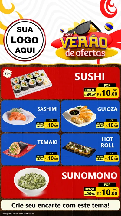 Modelo de TV para TV Vertical com o tema Super Verão de Ofertas para Comida japonesa