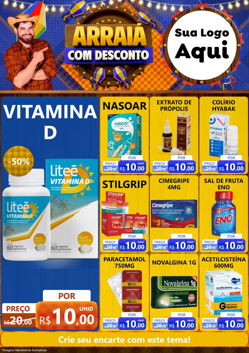 Modelo de Encarte para Encarte A4 Vertical com o tema Arraiá Com Desconto para Farmácia